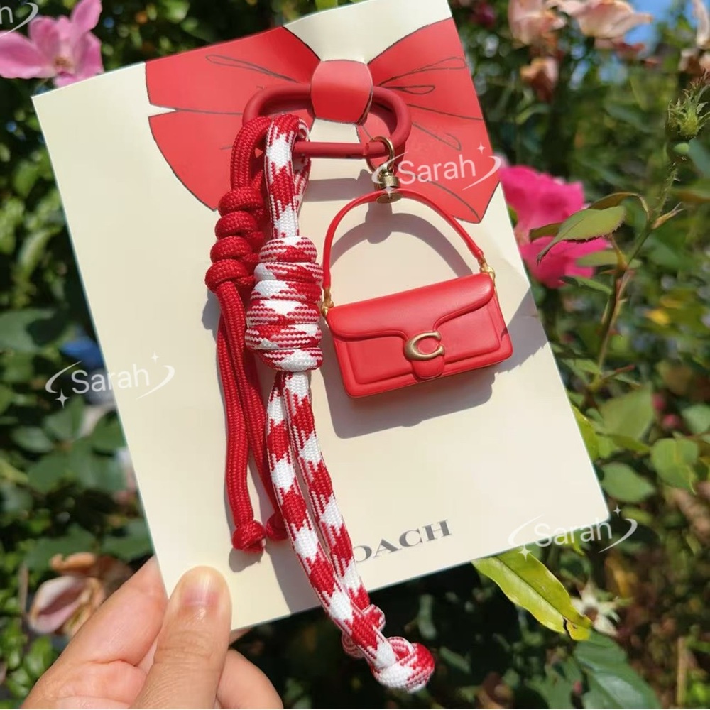 New Coach Red Mini Tabby Bag Charm with Rope Tassels Keychain
